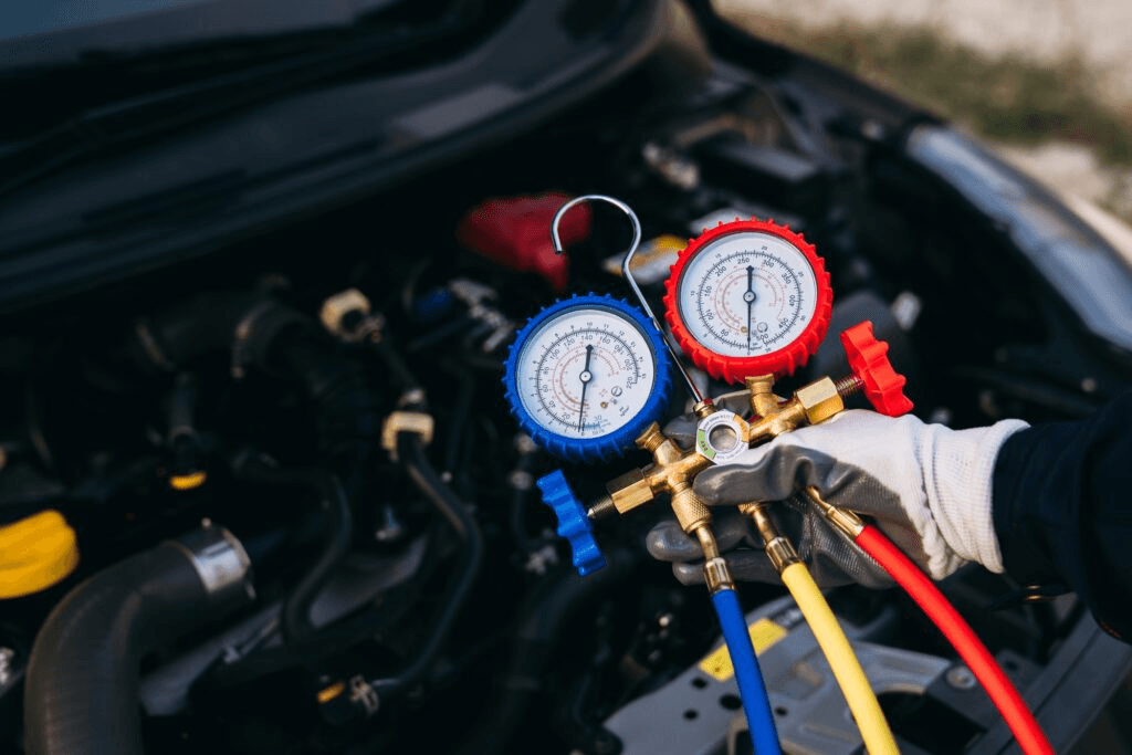 Technician servicing a vehicle air conditioning system